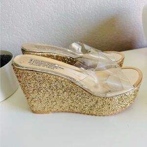 Elegant Gold Glitter Wedge Sandals
